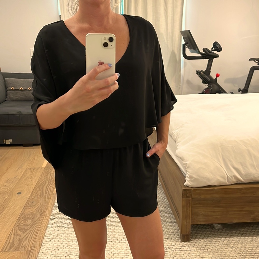 BCBGMaxAzria black, cape sleeve shorts romper